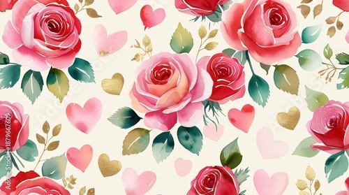 A lush seamless pattern featuring soft watercolor red roses and pink hearts with gold leaf accents.