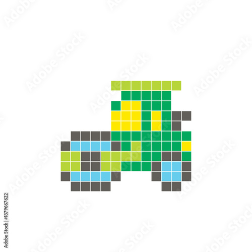 A flat pixel design made of geometric square color blocks on a clean icon layout. Pixel art road roller