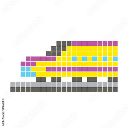 A flat pixel design made of geometric square color blocks on a clean icon layout. Pixel art modern train
