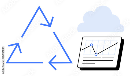 Circular recycling arrows beside cloud-hosted analytics dashboard depicting line graph and chart. Ideal for sustainability, renewable energy, cloud computing, data analysis, green solutions