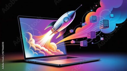 Rocket launching from laptop screen symbolizing fast growth and digital innovation