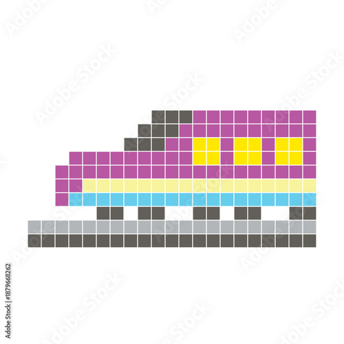 A flat pixel design made of geometric square color blocks on a clean icon layout. Pixel art modern train