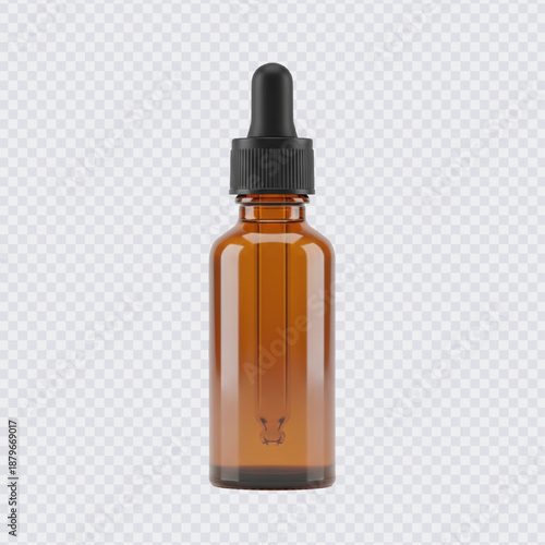 A professional amber glass dropper bottle with a black ribbed cap and glass pipette, ideal for essential oils, serums, and medicinal liquid storage.