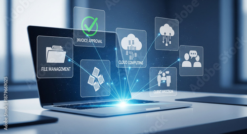 Laptop with glowing icons and connections representing file management marketing cloud computing and teamwork on a modern office desk