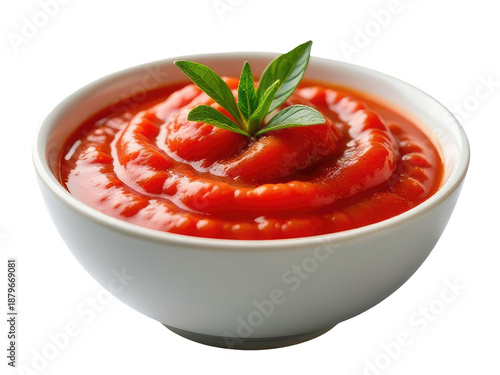 Fresh tomato sauce served with a sprig of basil, perfect for pasta dishes or as a dipping sauce © Ева Поликарпова