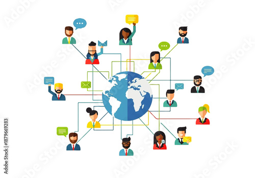Illustration of a global network connecting diverse people with communication icons around a central earth graphic.