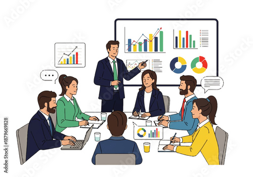 A diverse group of professionals actively engaged in a business meeting, with a presenter pointing to charts and graphs on a large screen.