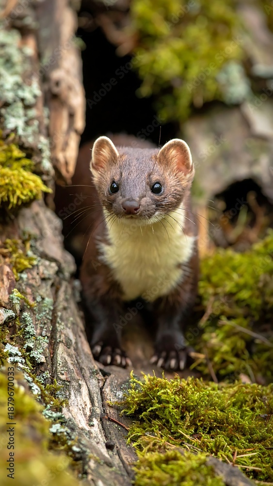 Obraz premium A curious weasel peers from a mossy tree hollow