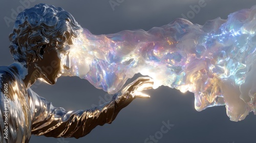 Abstract figure interacting with a luminous, ethereal cloud of light and color, symbolizing connection and energy exchange.
