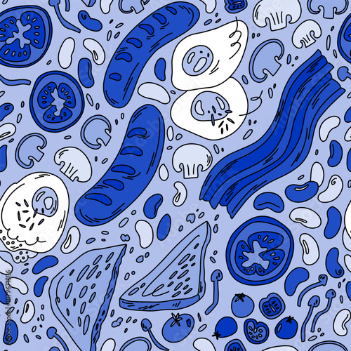 A stylized English breakfast in monochrome. A blue doodle featuring food, bacon, and eggs for packaging and paper.