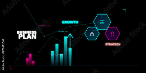 Modern neon business strategy dashboard featuring glowing charts, growth graphics, and technological data visualization elements in a futuristic cyberpunk style.