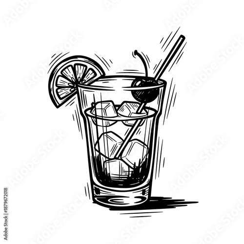 Cocktail glass with ice, lemon slice, and cherry on bar countertop  