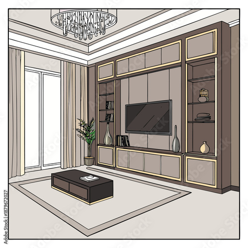 Elegant Hand-Drawn Living Room Perspective with Chandelier