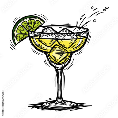 Cocktail with lime garnish and ice in a glass on white background  