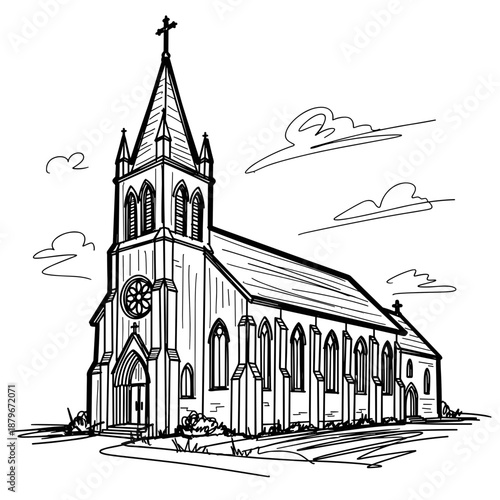 Sketch of church building with steeple and cloudy sky  