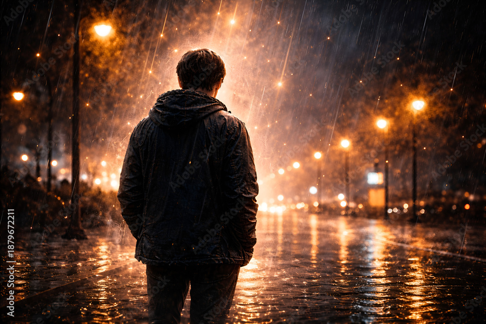 Fototapeta premium Lonely man walking in the rain at night on a city street