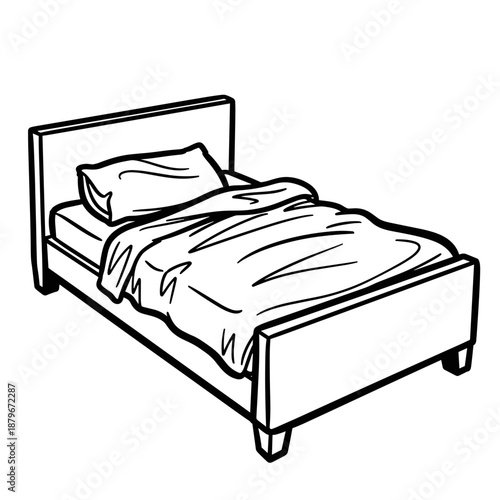 Bed with unmade sheets and pillow in simple line drawing style  