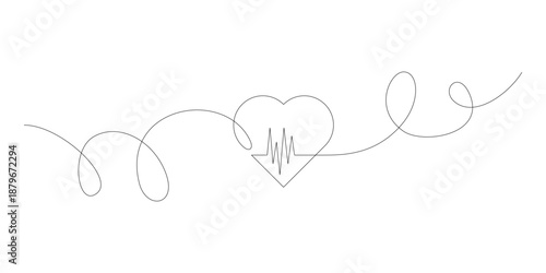 Minimalist continuous line art heart with heartbeat pulse and handwritten text, clean black outline on white background, romantic and medical love concept for modern design use.