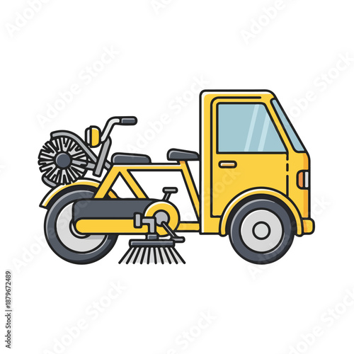 Yellow Street Sweeper Vehicle with Brush and Vacuum Attachment