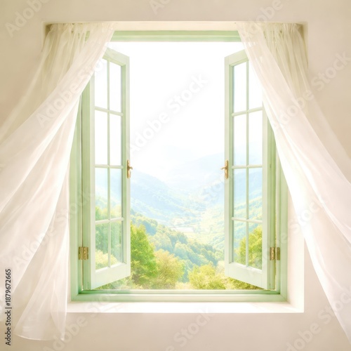 A window with a view of mountains and trees