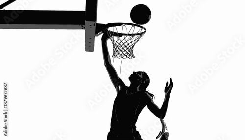 Silhouetted image depicts a basketball player making a slam dunk. Black and white graphic