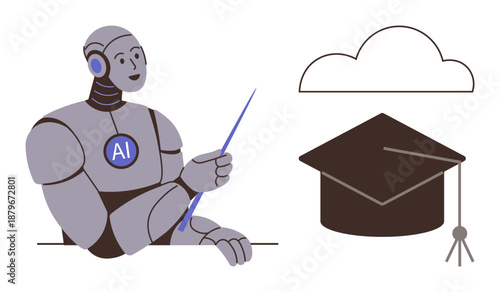 Digital learning, AI in education, cloud technology, futuristic classroom, online courses, knowledge sharing. AI robot holding a pointer next to a cloud and graduation cap. Digital learning and AI in