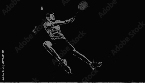 A grayscale depiction of a person leaping and wielding a racket, seemingly about to hit a shuttlecock