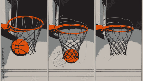 Triptych showcasing basketball hoops and balls in different stages of a shot