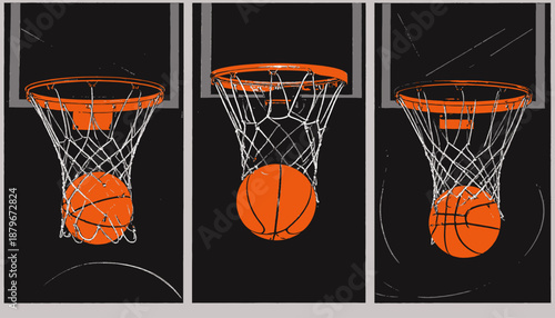 Triptych illustration of basketball hoops and net with a basketball falling in the net