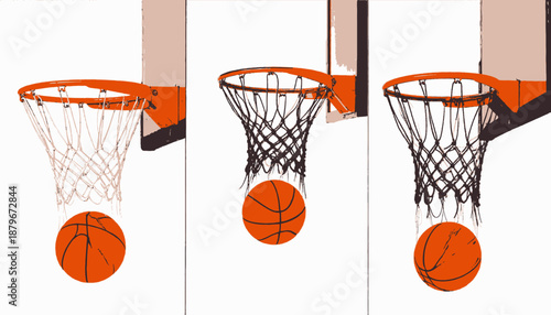 Artistic depiction of three basketball hoops, each with a ball dropping through the net. Features orange, brown and white