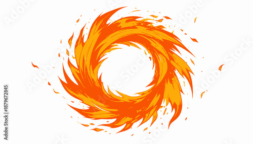 A stylized illustration of a ring of orange and yellow flames on a white background