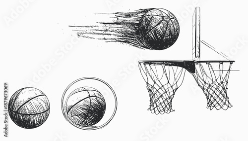 Black and white illustration of basketball equipment, including balls, net, and hoop