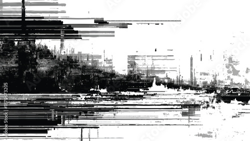 Glitchy distorted cityscape with horizontal lines abstract urban scene