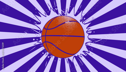 Stylized sports illustration showing a basketball in front of a radiant burst of blue