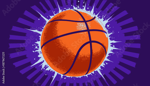 A stylized illustration features an orange basketball amidst a starburst of purple and light blue streaks