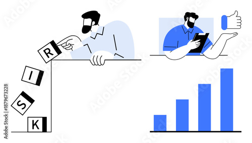 Risk management, financial analysis, business planning, investment strategy, data-driven decisions, progress monitoring. Figures handling risk and graphs. Risk management and financial analysis