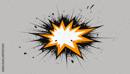 Graphic illustration of an explosion with white, orange, and black elements on a gray background
