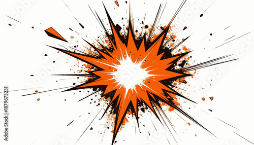 A stylized comic book burst emanating from center with orange, black, and beige elements