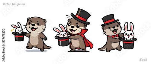 Cartoon Otter Magician with Rabbit Assistants.