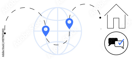 World map with location pins, house icon, and chat bubble with check mark. Ideal for remote work, global networking, collaboration, messaging, logistics technology digital productivity. Simple flat