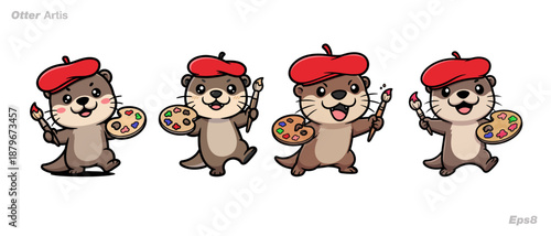 Cartoon Otters Holding Apples and Donuts.