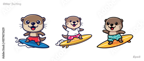 Cartoon Otters Surfing on Colorful Surfboards.