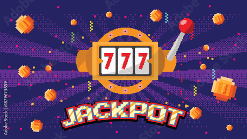 8 bit pixel art Golden slot machine wins the jackpot