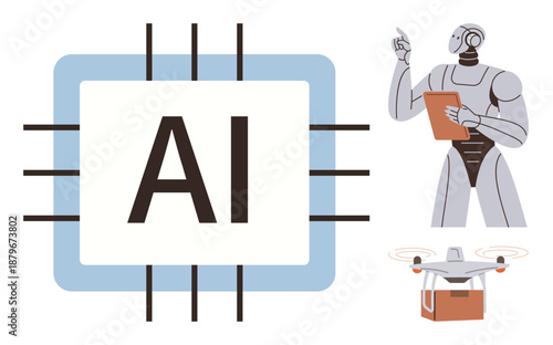 Artificial intelligence, automation, robotics, future technology, digital innovation, AI concepts. Microchip with AI text, robot writing on a clipboard quadcopter illustration. Artificial
