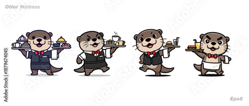 Four cartoon cats holding various tools.