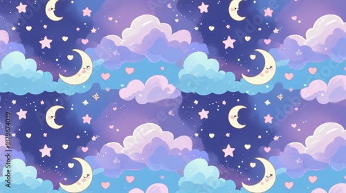 A seamless pattern featuring cute crescent moons, shimmering stars, and tiny floating hearts on a soft, dreamy pastel blue and purple night sky background.