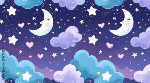 A seamless pattern featuring cute crescent moons, shimmering stars, and tiny floating hearts on a soft, dreamy pastel blue and purple night sky background.
