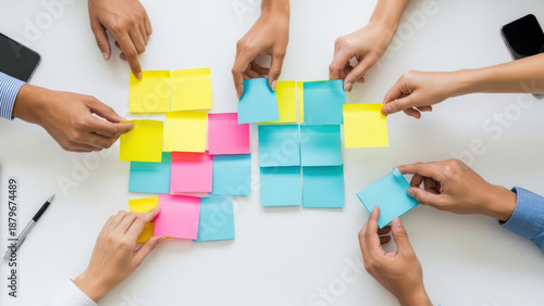 Team collaborating with colorful sticky notes on a whiteboard