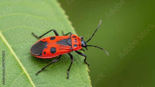 Bright red beetle with black spots on a green leaf