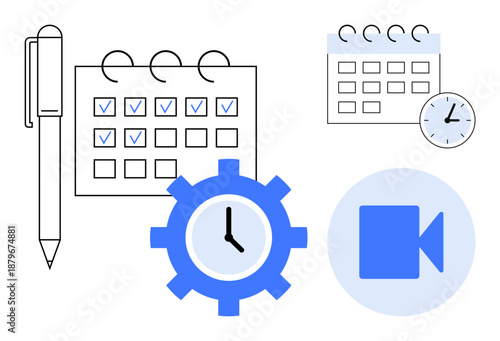 Time management, productivity tools, scheduling, remote work, task planning, online communication. Calendar with checkmarks, clock gear video icon and pen. Time management and productivity tools